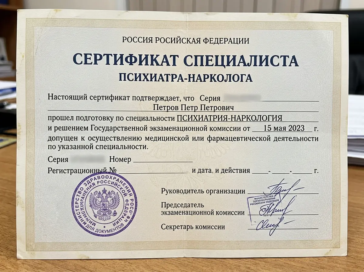 Сертификат специалиста врача психиатра-нарколога, медицинский документ, печать Министерства здравоохранения РФ
