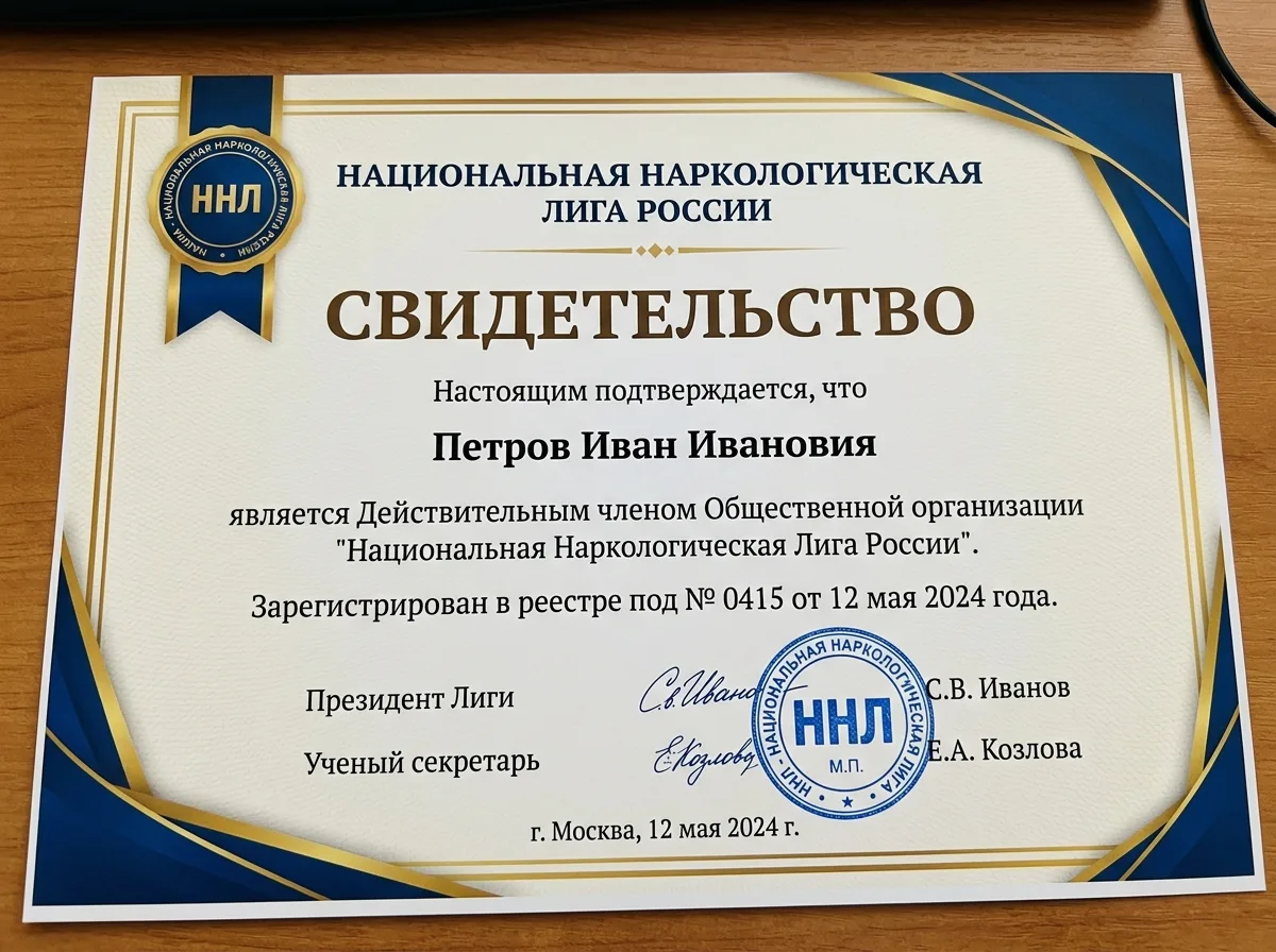 Свидетельство о членстве в Национальной наркологической лиге России, официальный бланк с подписью и печатью